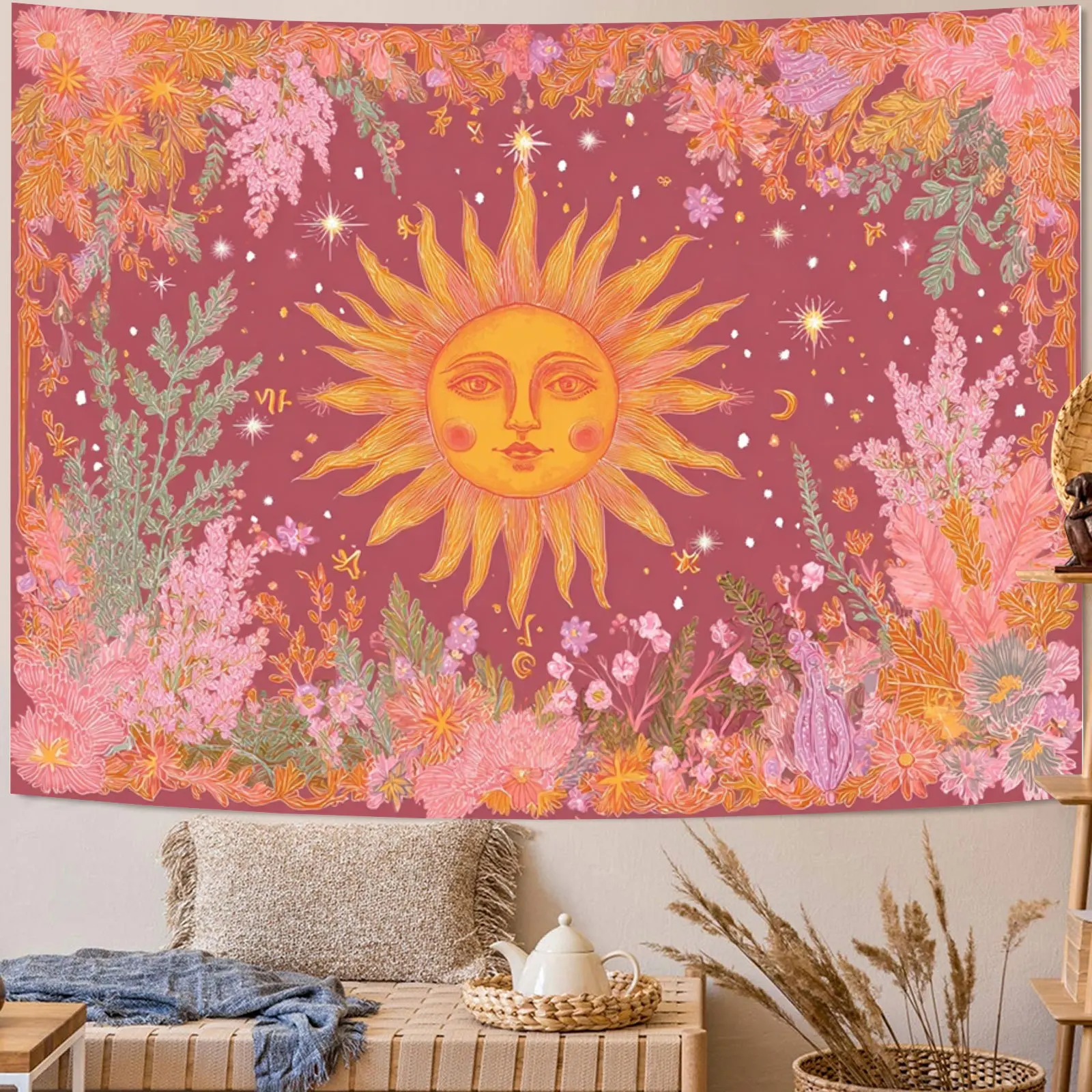 Bohemian Sun and Moon Wall Tapestry - Horizontal Celestial Bedspread-Fitting Design in Sun/Moon Phases for Dorm Room, Decor - Li