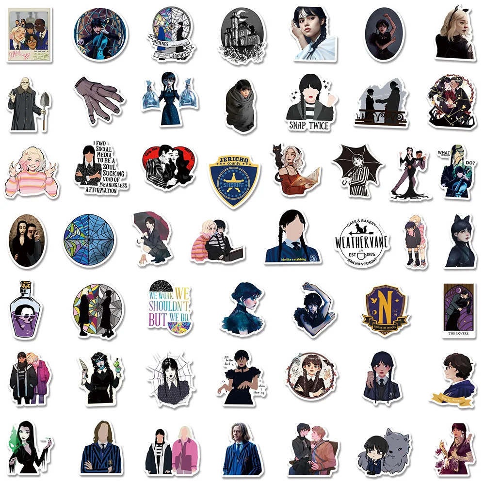 10/30/50Pcs ทีวีวันพุธ Addams สติกเกอร์อะนิเมะ Decals สเก็ตบอร์ดรถแล็ปท็อปรถจักรยานยนต์ตกแต่งสติกเกอร์ของเล่นเด็ก