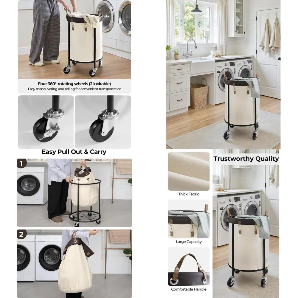 

Бежевая корзина для белья на колесиках, стальной каркас, съемный мешок, 4 роликами и 2 тормозами, вместимость 110 л