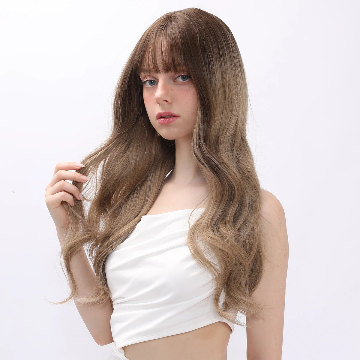 Smilco Long Wavy Brown Wigs With Straight Bangs For Women Cosplay Party Daily Cosplay Synthetic Fake Hair Heat Resistant Wig