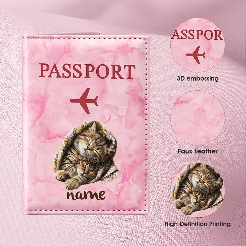 Personalized Name Cat Rest Illustration Design PU Passport Holder, Featuring a Curled-up Sleeping Tabby Cat with Blanket Element