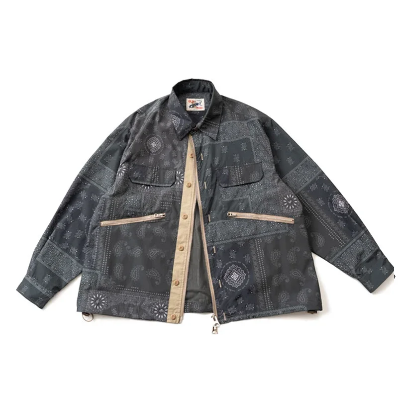 Japanese Retro Cashew Flower Windproof Waterproof Jacket with Multiple Pockets Loose Japan Style Coat for Men and Women