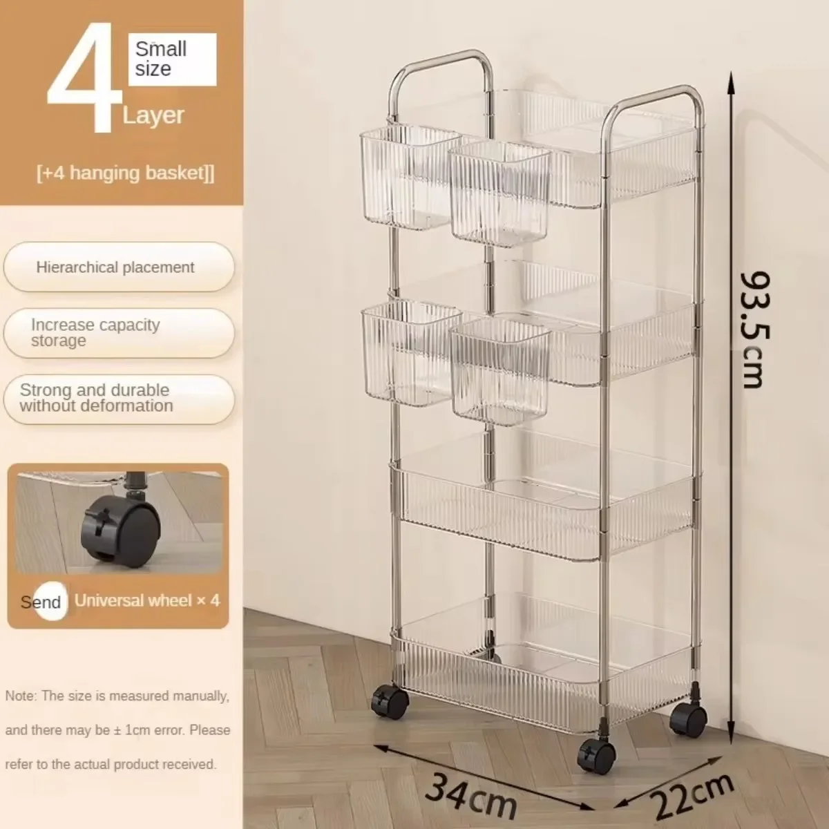 Storage Rack Trolley Multi Storey Transparent Acrylic Rolling Cart with Hanging Baskets Snack Book Storage Shelf Home Organizer