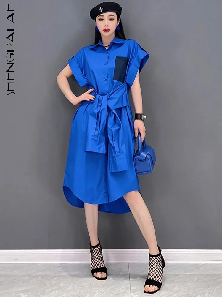 SHENGPALAE 2024 Summer New Fashion Shirt Dress For Women Personalized Casual Design Sense Waistband Female Clothes Robe 5C1200