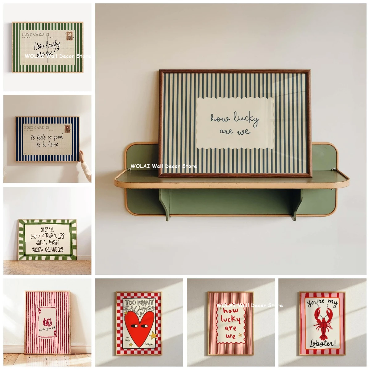 Impresión en lienzo con diseño de carteles retro y arte de pared a rayas, con la frase 'Cuánto de la suerte tenemos y el amor realmente existe', para decoración moderna del hogar