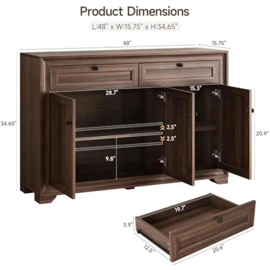48 Inch Sideboard Buffet Cabinet with Storage for Dining Room, Wood, Natural Finish, Ample Concealed Storage and Smooth Gliding
