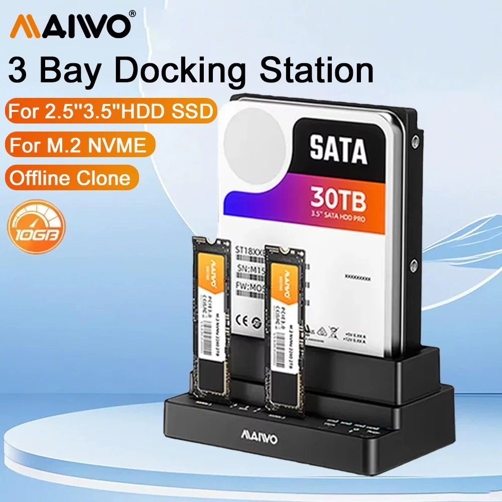 MAIWO 3 Bay Docking Station Adapter 10Gbps for M.2 NVME SSD & 2.5 3.5 Inch SATA HDD SSD Support Offline Clone for Pc Laptop