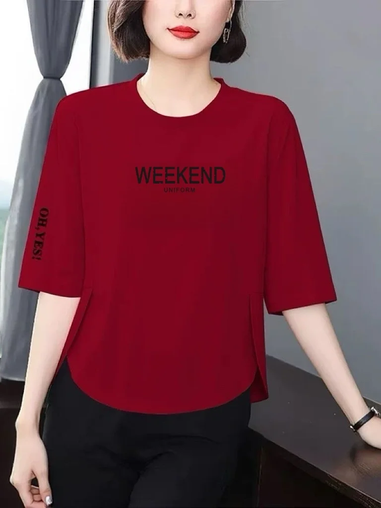 

Elegant Red Letter Print 7/8 Sleeve T-Shirt Women's Loose Slimming Belly Cover Versatile Age-Defying Top Casual round Neck