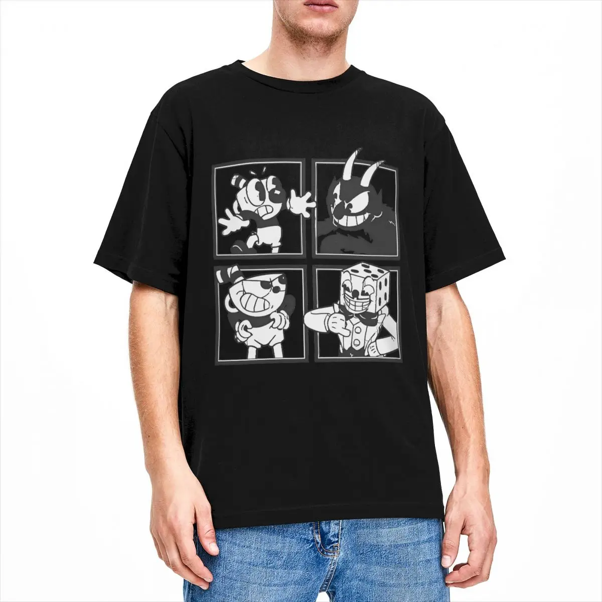 Men Cuphead T Shirts Mosaic Cotton Tops Summer Aesthetic Short Sleeve T Shirt Crew Neck Trending Design Tshirt Plus Size