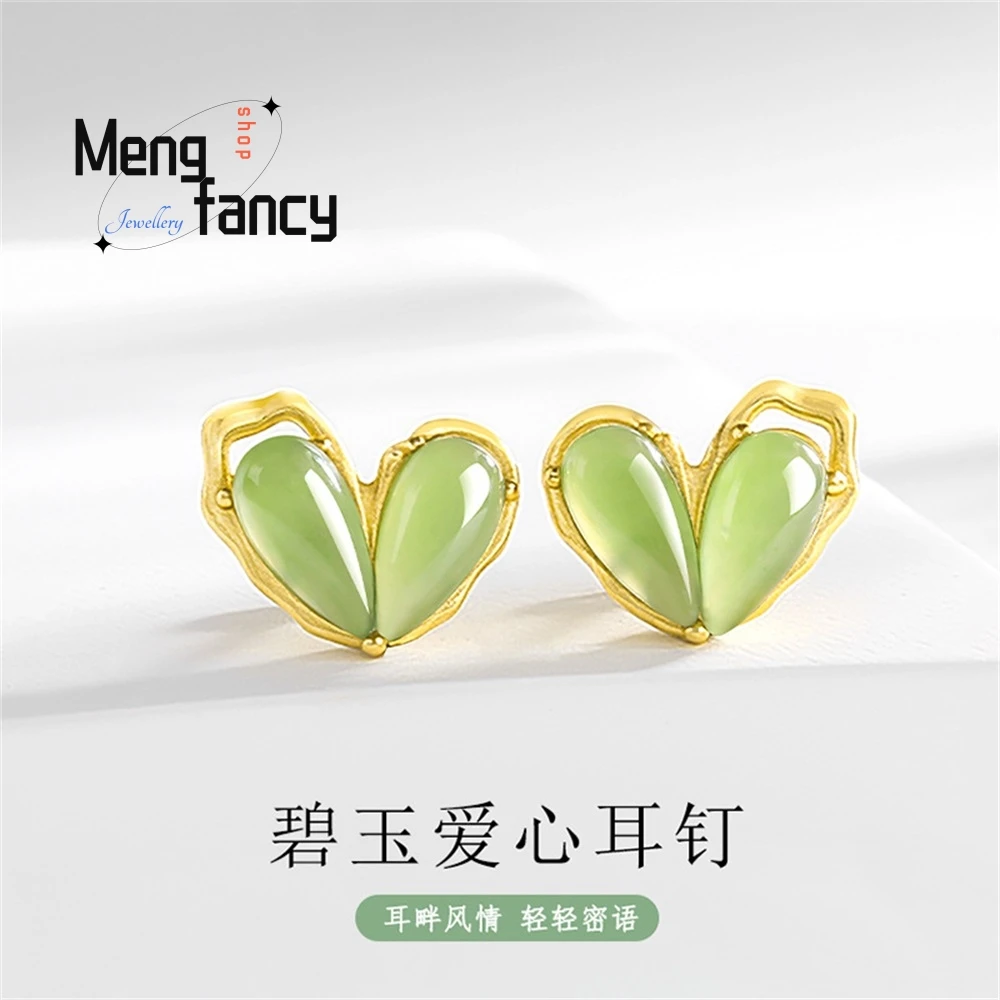 

Spinach Green Natural Old Material Hetian Jade Jadeite Heart-Shaped Ear Stud Heart-Shaped Women's S925 Silver Inlaid Jade Simple