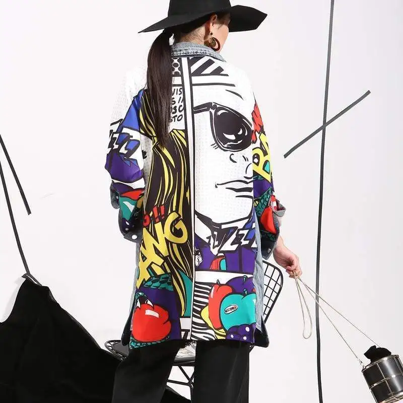 

"Women's Casual Denim Trench Coat - Loose Washed Jacket with Creative Graffiti Pattern (Spring/Autumn Fashion)"
