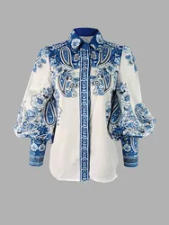 UOOZEE Vintage Blue Floral Printed Lapel Shirts For Women 2025 New Spring Summer Long Puff Sleeves Urban Casual Elegant Blouse