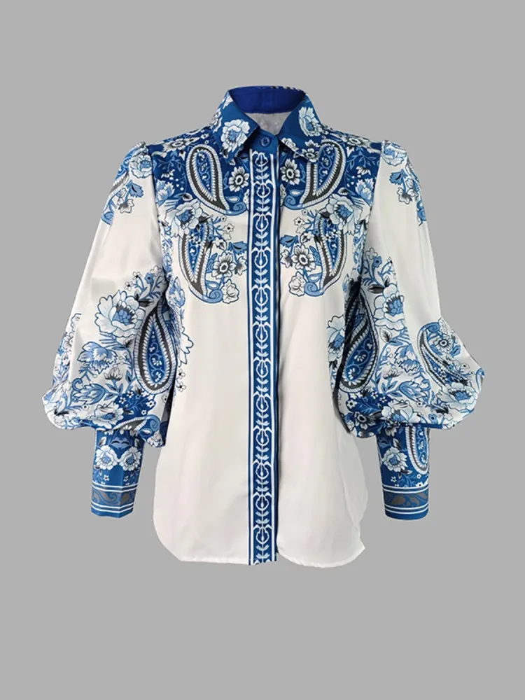 UOOZEE Vintage Blue Floral Printed Lapel Shirts For Women 2025 New Spring Summer Long Puff Sleeves Urban Casual Elegant Blouse