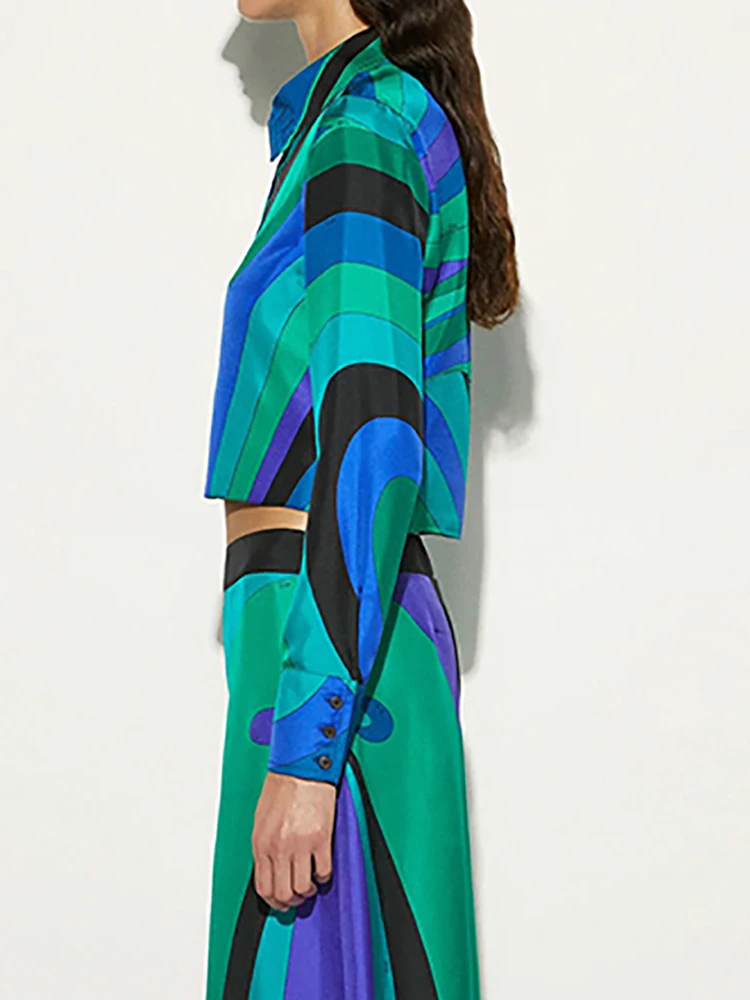 Women's Lapel Collar Button Shirt With Long Pants Outfit Fashion Pattern Printed Autumn Satin Suit Casual Holiday Two-piece Set