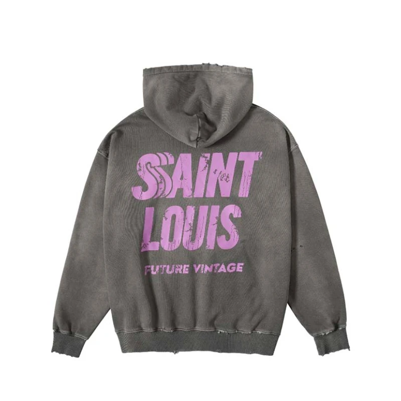 Vintage Saint Louis Purple Letter Distressed Cotton Autumn Winter Hoodie Streetwear