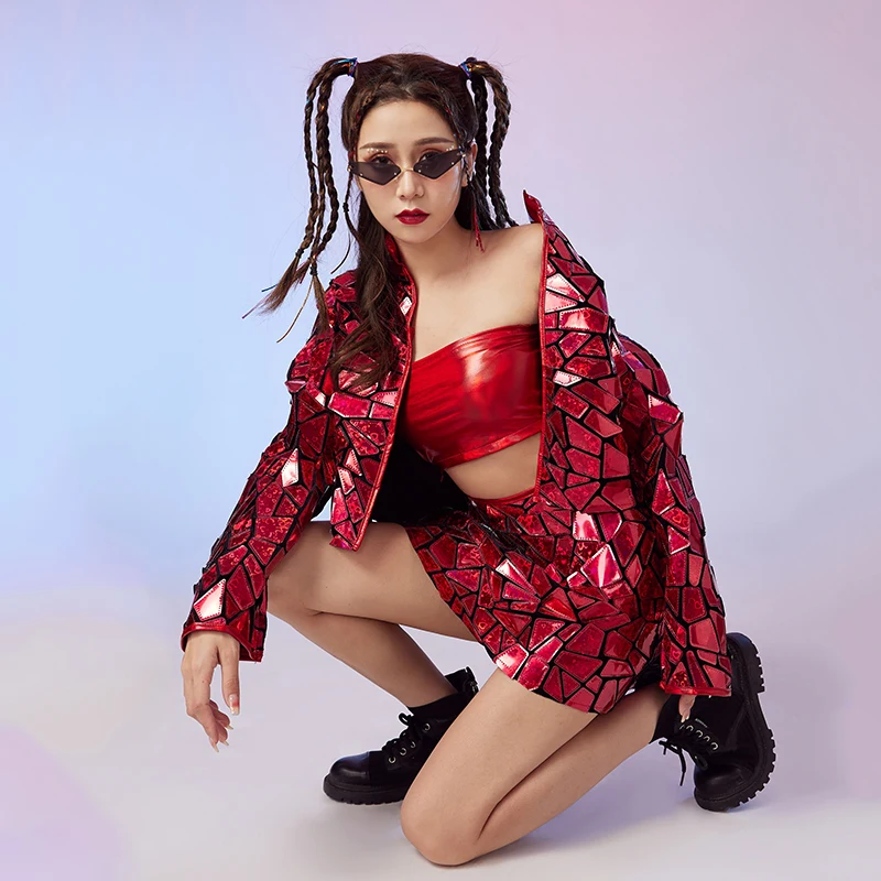 Ropa de baile de Jazz con lentejuelas y espejo rojo nuevo, traje de escenario para cantante, fiesta, Festival, club nocturno, conjunto de disfraz de bailarina Gogo