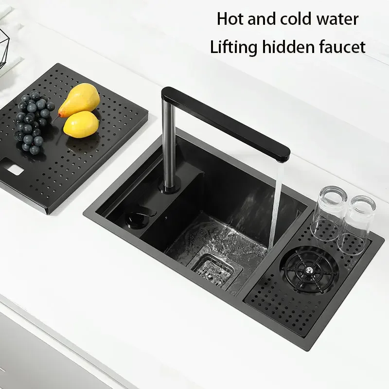 black Hidden kitchen Bar Counter Sink Cover Concealed Single Kitchen Small Size sink Stainless Kitchen Sink With cup washer