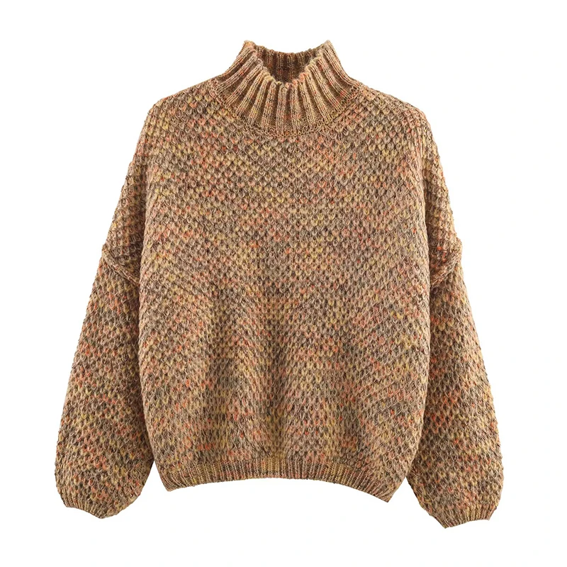 Women Multicolor Half High Collar Knitted Pullover Long Sleeve Casual Loose Autumn Winter Sweater