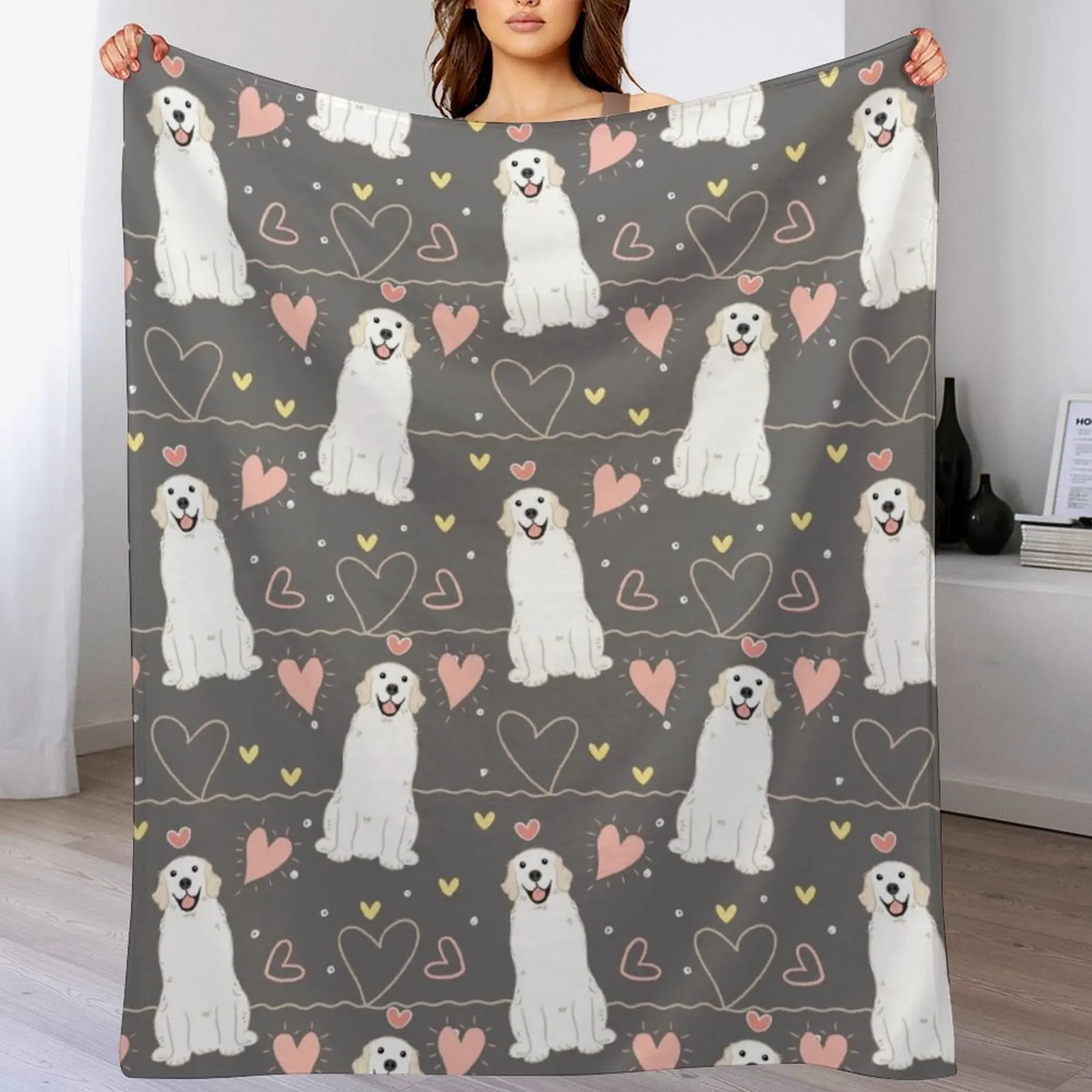 

LOVE White Cream Golden Retriever - Gray background Throw Blanket wednesday Luxury Designer Warm Sofa Quilt Blankets