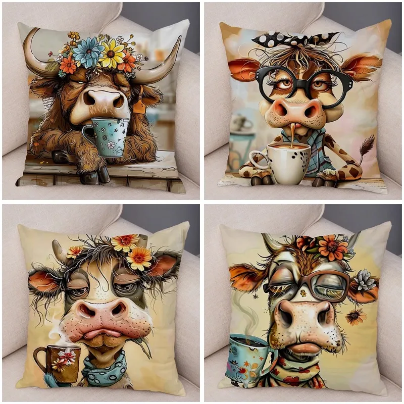 4pcs Cartoon Cow Giraffe Coffee Cup Pillow Case Decor Animal Cushion Cover for Sofa Pillowcase Pillow Covers 45x45cm