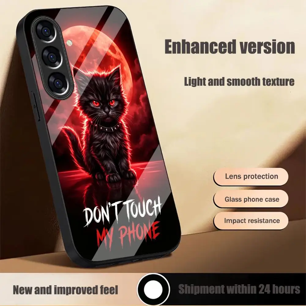 Black cat red moon warning TPU HD glass phone case for Samsung Galaxy S26 S25 S24 S23 S22 S21FE,Ultra,Plus Scratch Dropresistant