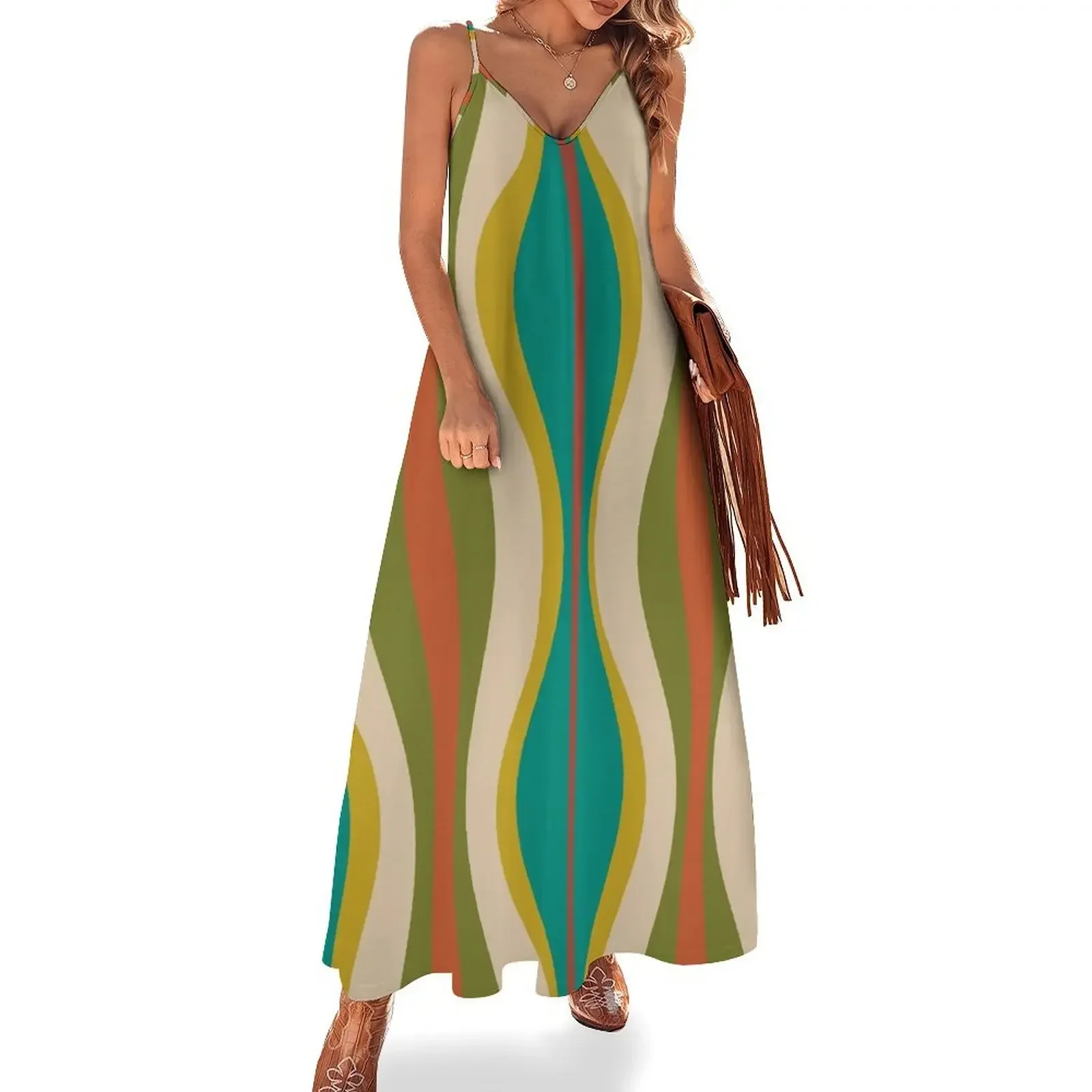 

Hourglass Abstract Midcentury Modern Pattern in Turquoise Teal, Mustard, Orange, Olive, and Mid Mod Beige Sleeveless Dress