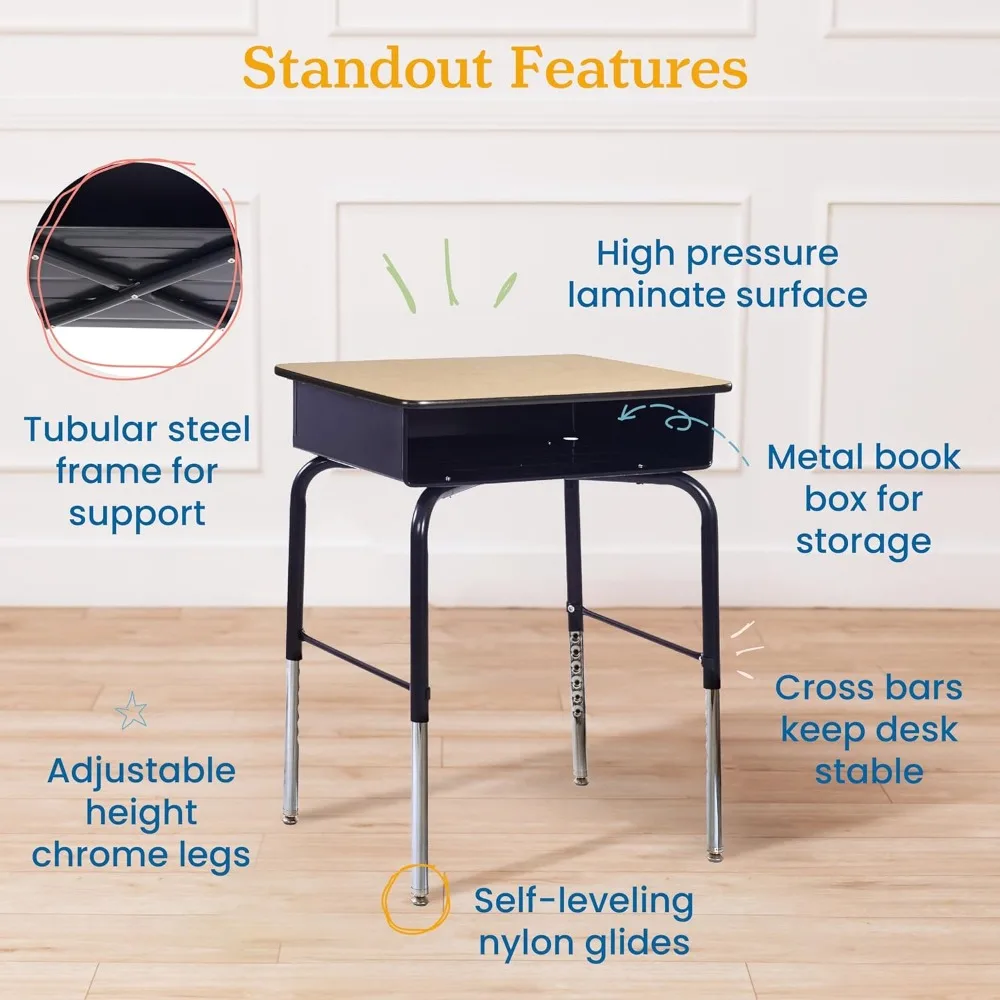 Adjustable Student Desk with Metal Book Box, Open Front Design for Classroom and Home Use