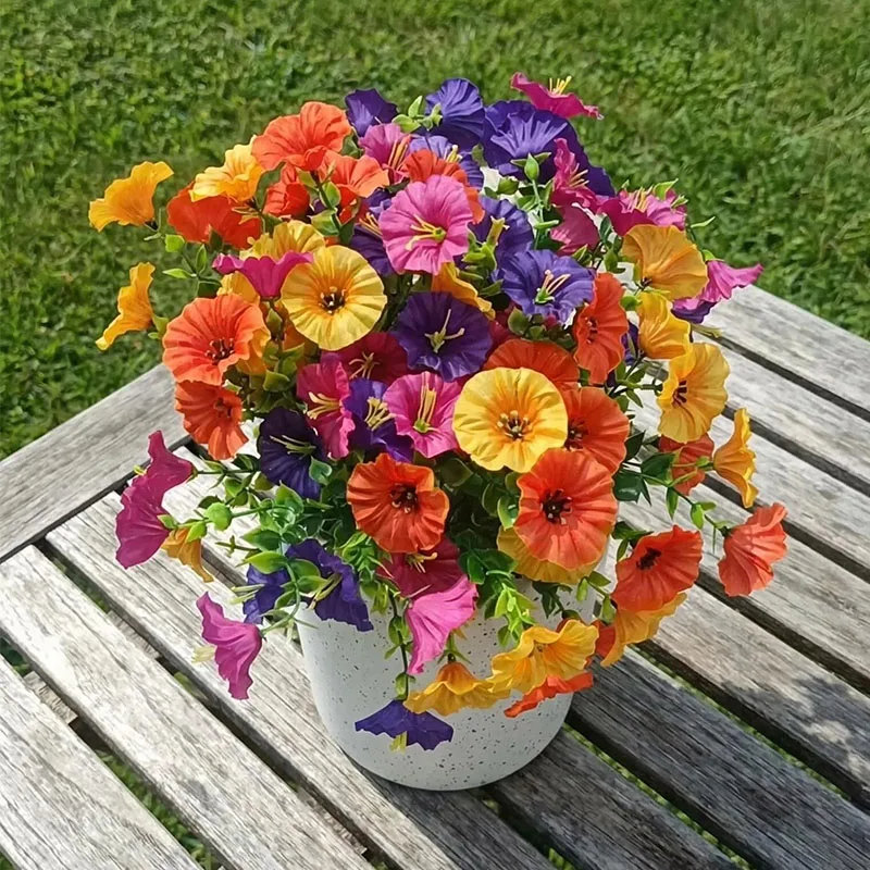4 bunches of bright artificial eucalyptus flowers |   Morning Glory Flowers (7 branches per bundle, 3 flowers per branch, 4 bundles total, 84 flowers) multi-colored artificial floral decorations, vibrant in 4 colors, high-quality plastic hanging decorations, suitable for balcony, terrace, flower boxes, weddings, and event decorations, durable artificial flowers, does not include a container, artificial flowers for Mother's Day and Valentine's Day
