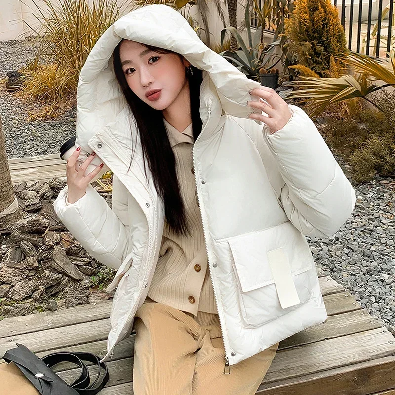 Mulher para baixo jaqueta de algodão 2024 inverno com capuz bolsos com zíper quente grosso puffer acolchoado jaqueta feminina pão algodão roupas outwear