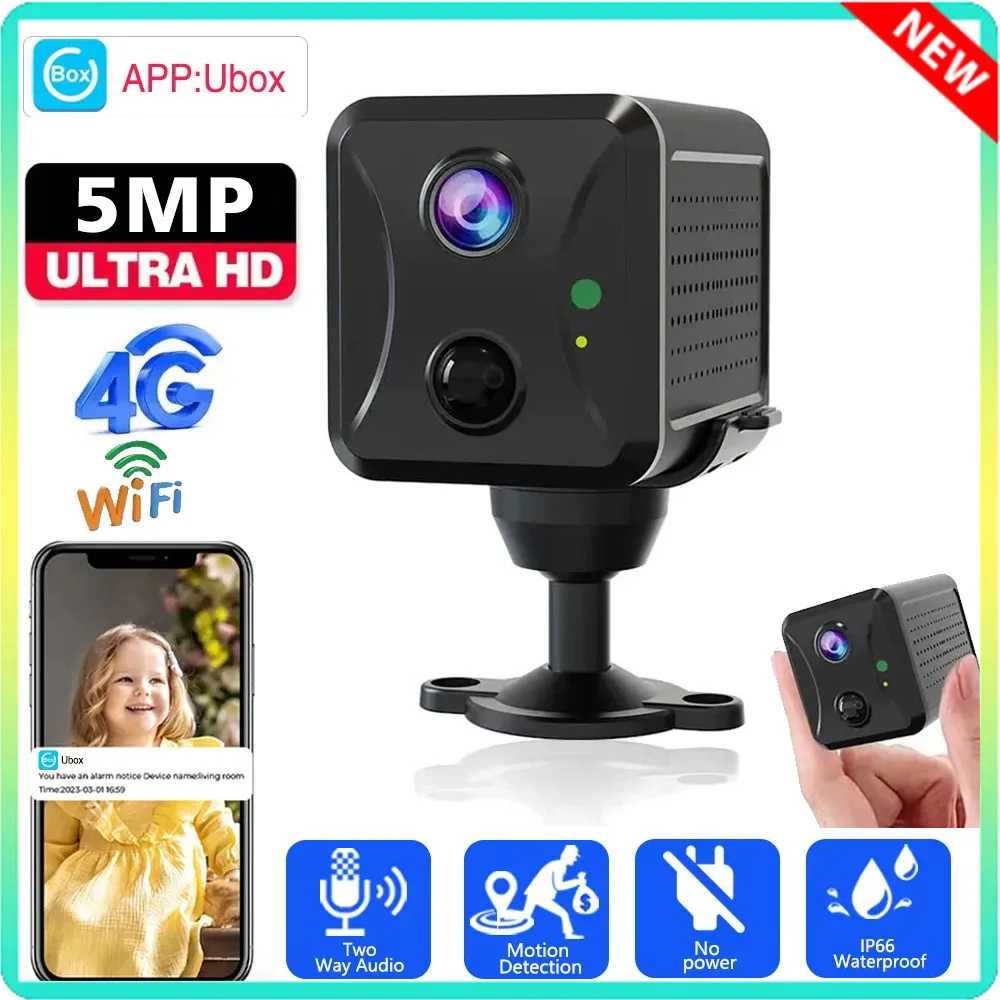 Mini Security Camera 4G SIM Card WiFi 5MP Night Vision Surveillance Camcorder 3000mAh Battery Low Power Voice Intercom CCTV Cam