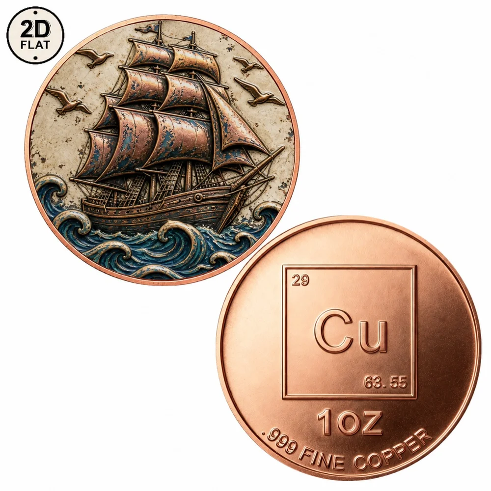 1pc Vintage Sailing Ship 1oz .999 Fine Copper Challenge Coin 2D Print Ocean Nautical Commemorative Coin Gift for Sea Lovers