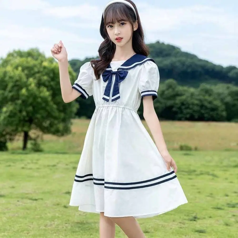 Elegant Bow Girls Preppy Style Dress Pleated Teenagers Summer Kids Dresses Party Beach Vacation Children Princess Dress Students