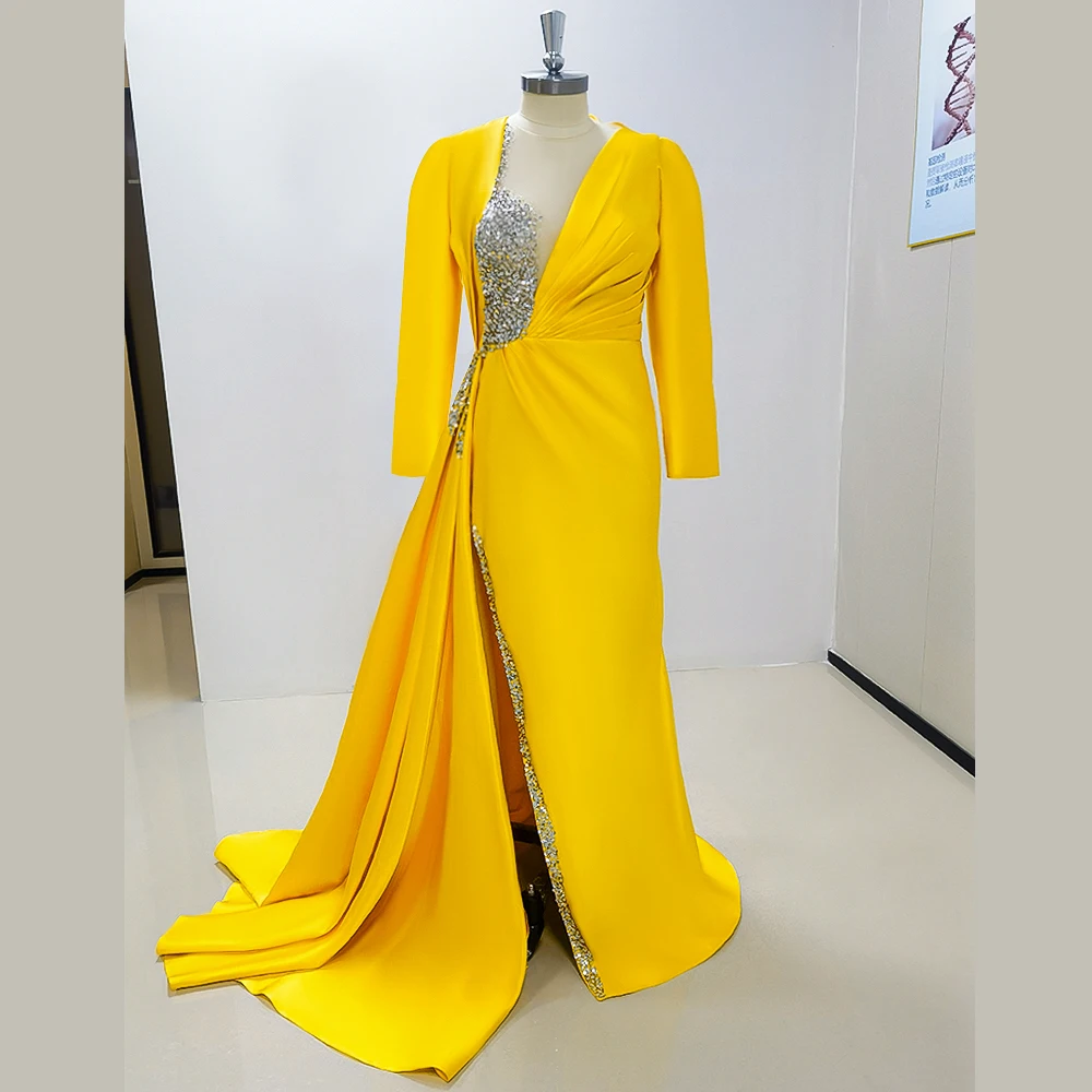 

Bright Yellow O Neck Long Sleeves Slit Evening Dress New Fashion Female Floor Length Party Prom Gowns