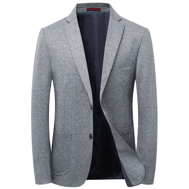 Classic Gray Coat 2024 New Suit Men's Jacket Autumn Middle-aged Fashion Casual Knitted Stretch Thin Single