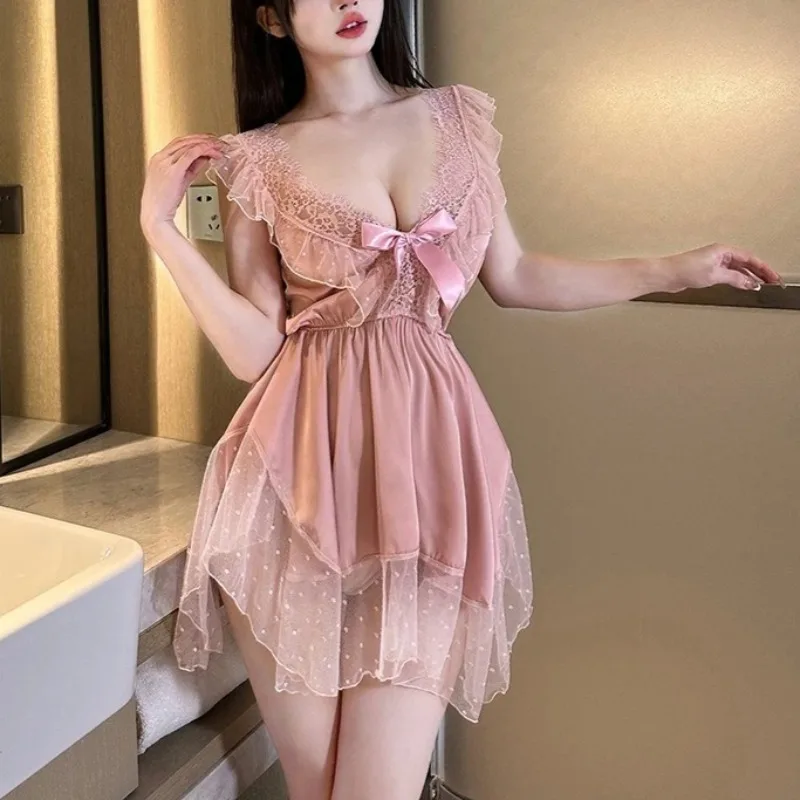 Lingerie sexy senza schienale in pizzo da donna Porno con scollo a V trasparente Baby Doll DressExotic Open Mesh Tulle Moglie Passione Pigiama Set