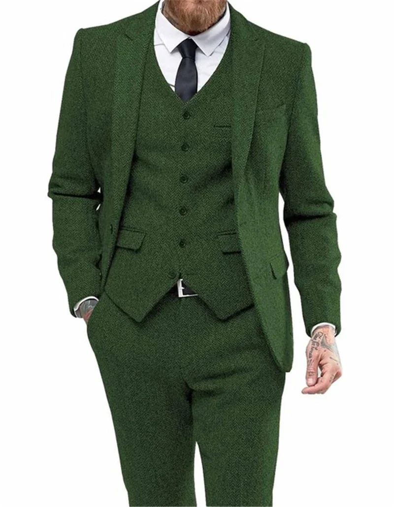 Men\'s Suits 3 Pieces Black Wool Herringbon Slim Fit Casual Formal Business Groomsmen Tweed Tuxedos for Wedding Blazer+Pants+Vest