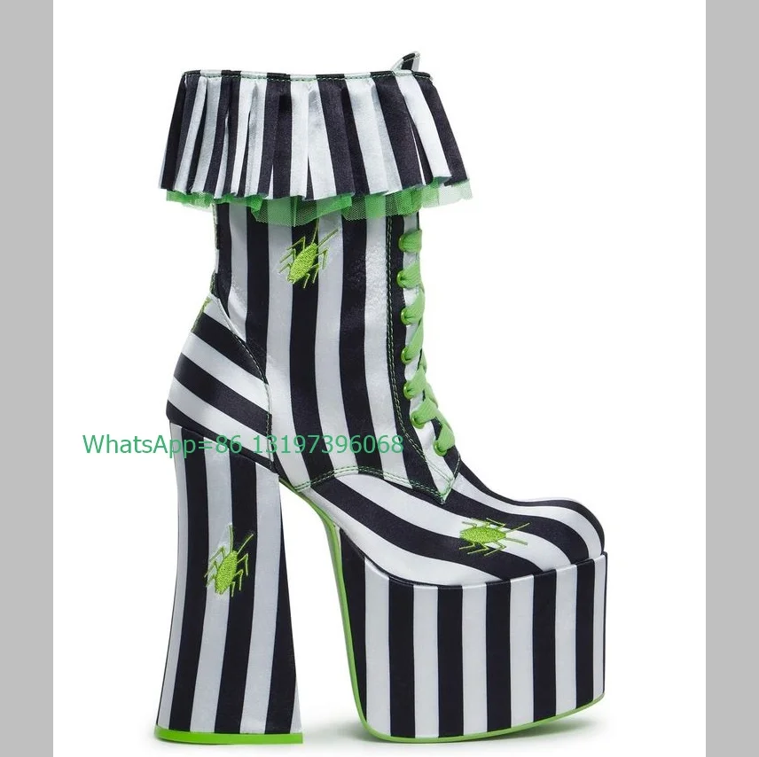 Lady Striped Black White Stain Platform Chunky Heel Ankle Boots Zebra Printed Punk Boots Lace-Up Green Printed Calf Boots Size