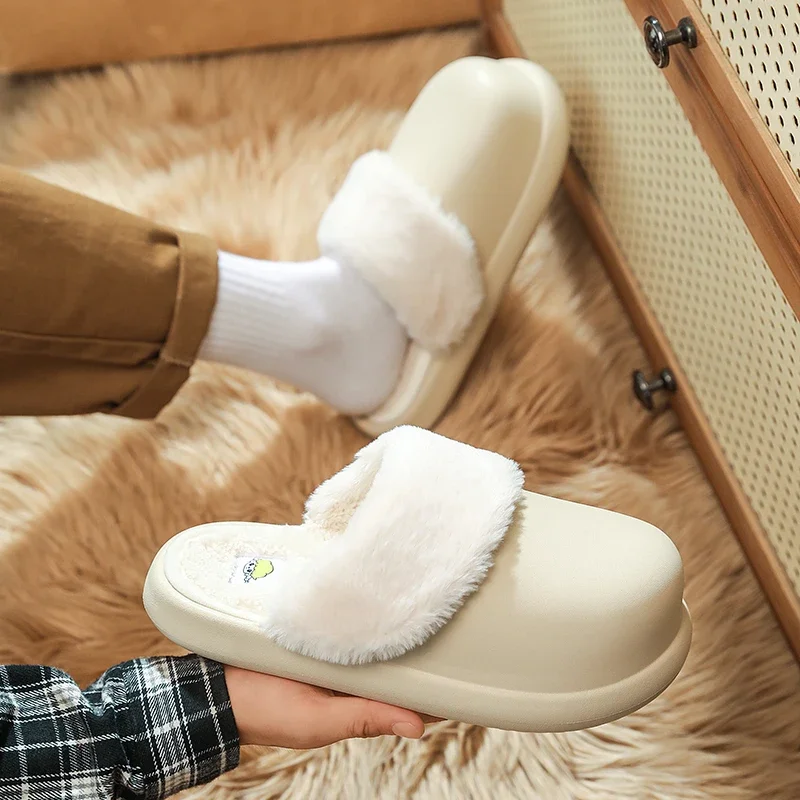 

Men's Shoes Winter Warm Slippers Plush Lining Indoor Cotton Slides Male Platform Outdoor Kitchen Shoes House Waterproof Slippers