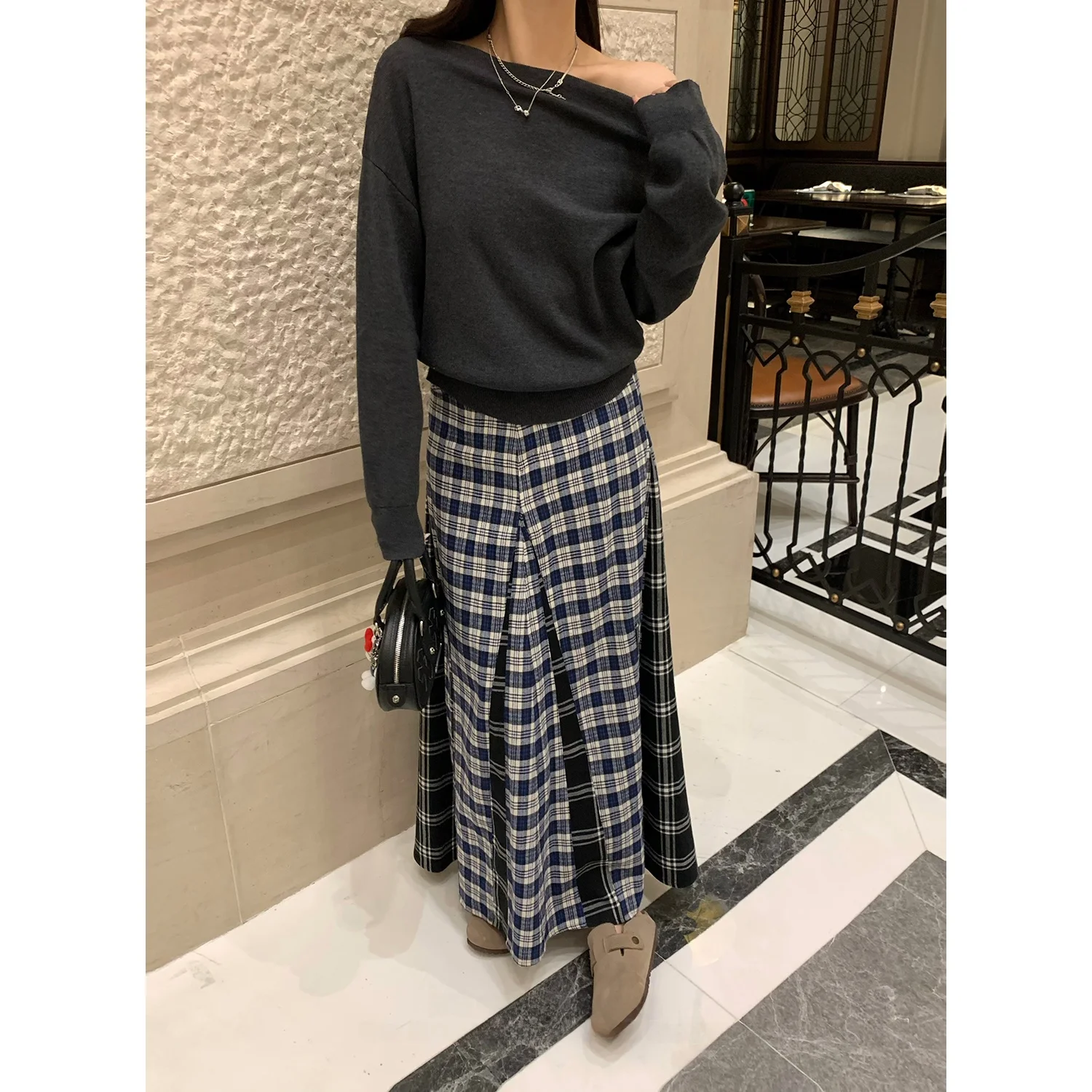 

Синяя клетчатая юбка с высокой талией и разрезом, женская, весенняя новинка, облегающая длинная юбка, повседневная, приталенная, для женщин