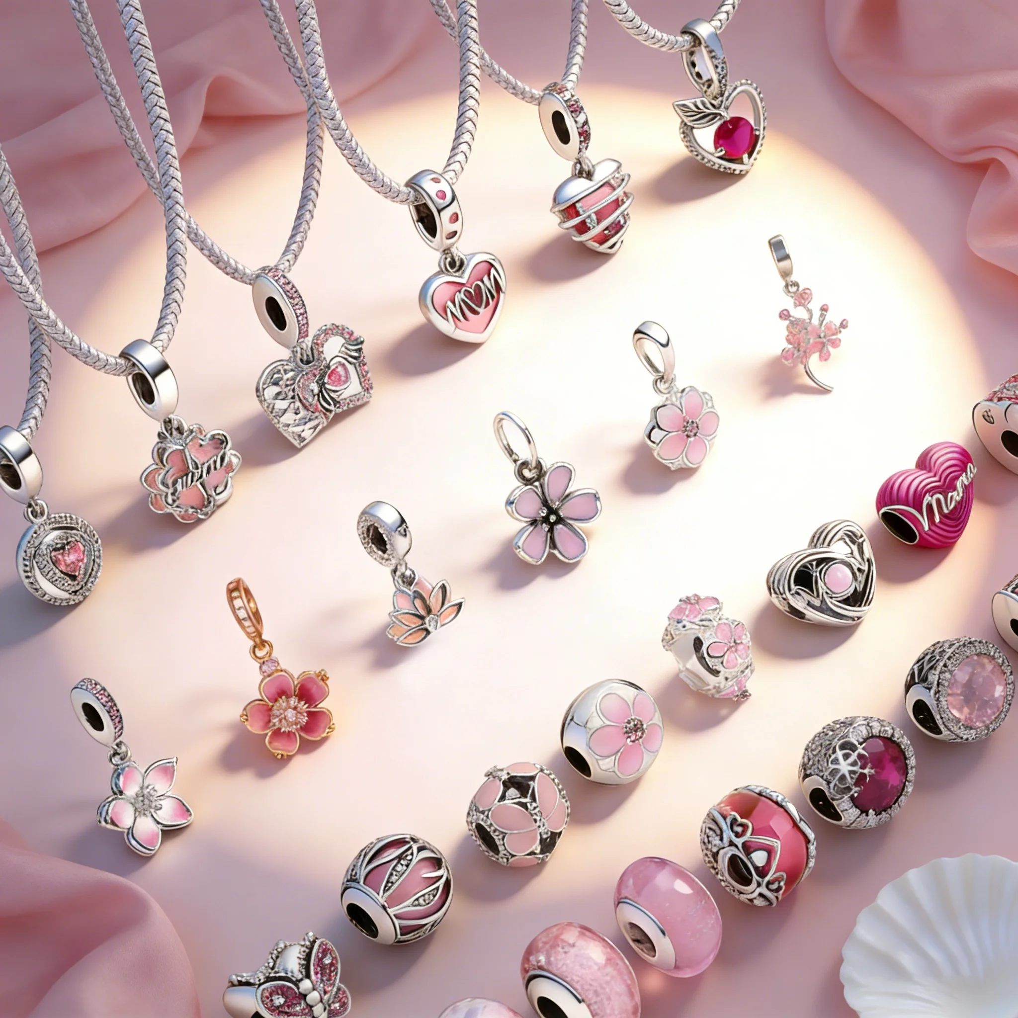 Sparkling Double Halo Mom Heart Pink Cherry Blossoms Pendant Charm Beads Fit Original Bracelet Necklace for Diy Jewelry Gift