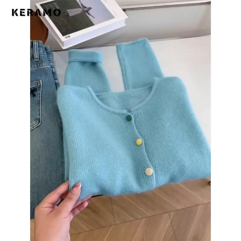 

2025 Winter Casual O-Neck Knitting Long Sleeve Cardigans Korean Women Sweet Single Breasted Female Slim FIt Solid Color Sweater