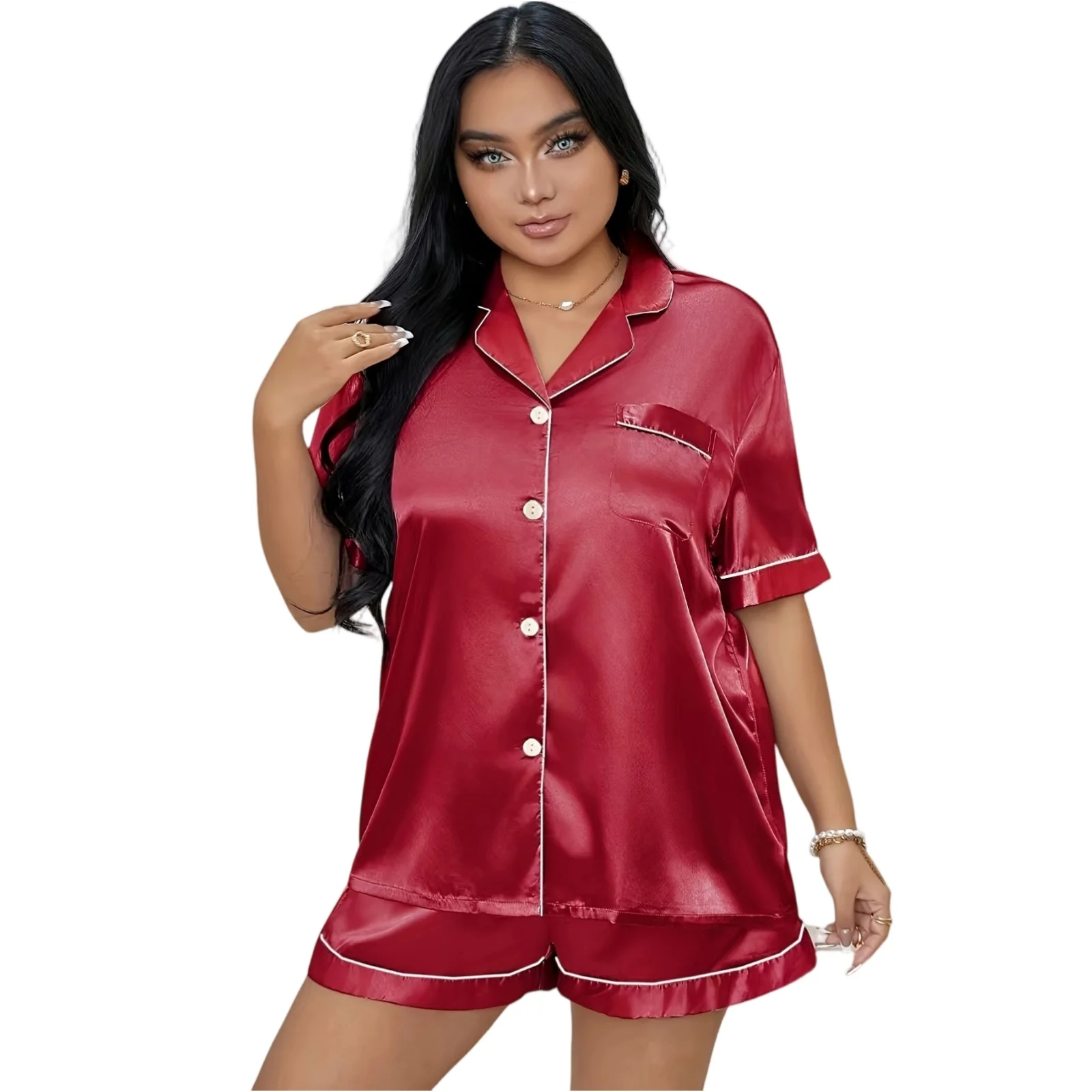 Plus Size Women's Classic Type Pajama Set with Short Sleeve Top and Shorts Loungewear Solid Color Comfortable Home Sleepwear