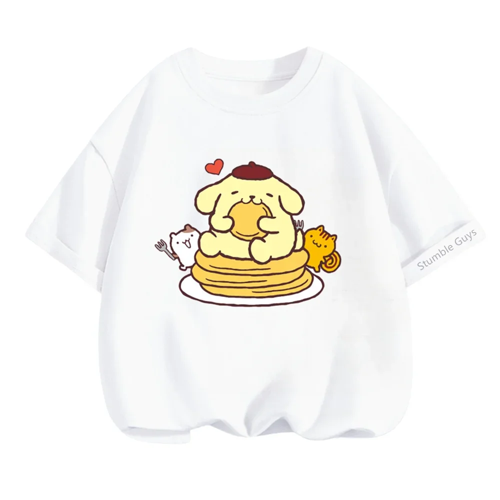 Kawaii Anime Pom Pom Purin Cut Cartoon Boys Clothes Girls Summer Short Sleeve Teen T-shirt Versatile Loose Top Birthday Gift