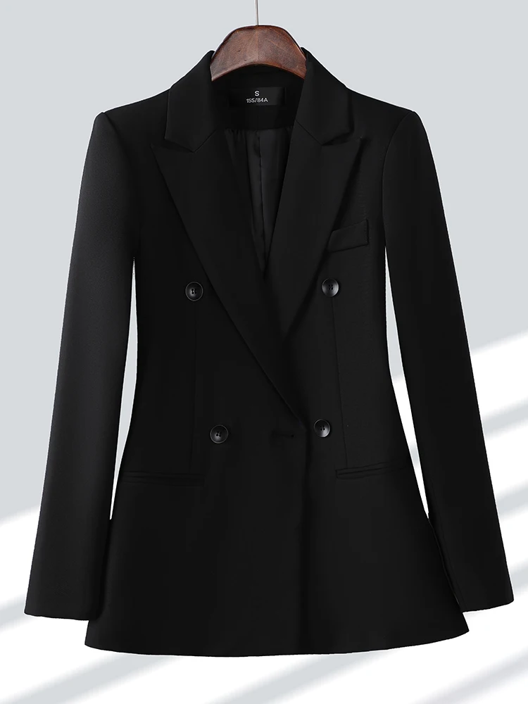 Imagem -05 - Jaqueta Reta de Manga Comprida de Peito Duplo Feminina Blazer Formal Azul Damasco Café Preto Senhoras Cabolsa Feminino