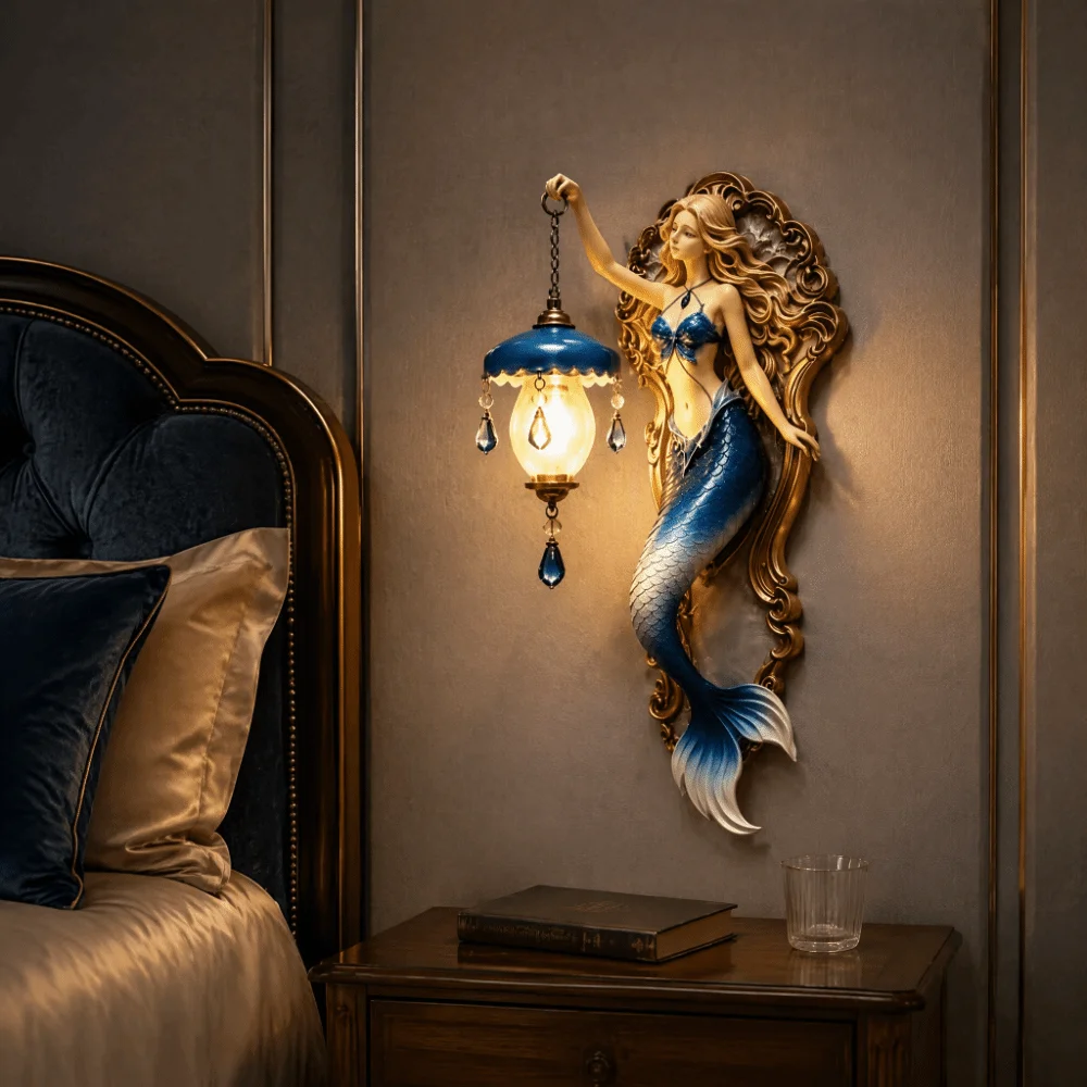 Resin Material Mermaid Wall Lamp Soft Ambient Light Crystal Pendant Resin Wall Lamp Mermaid Design Ocean Style
