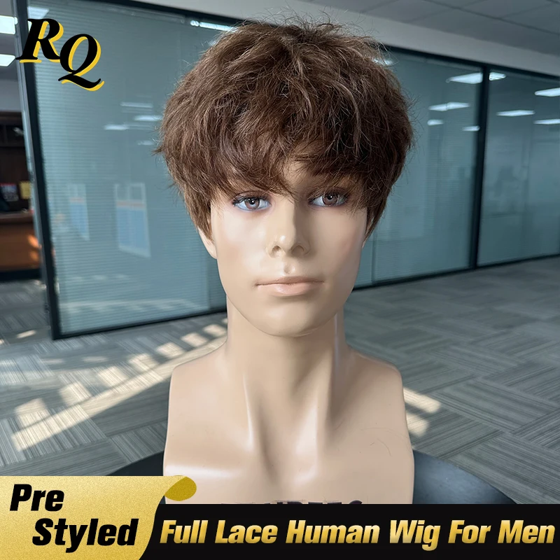 Pre Styled Brown Wig For Man Full Lace Wigs Mens Human Hair Wigs Realistic Toupee Hair System Replacement Male Fashion Hair