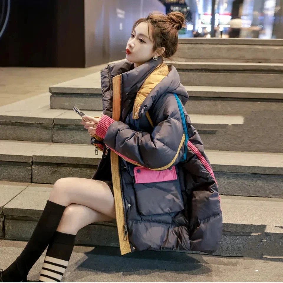 

Down Cotton Coat Women Autumn Winter Fashion Loose Design Sense Padded Jacket Female 2023 New Splicing Hooded Thick Warm Parkas