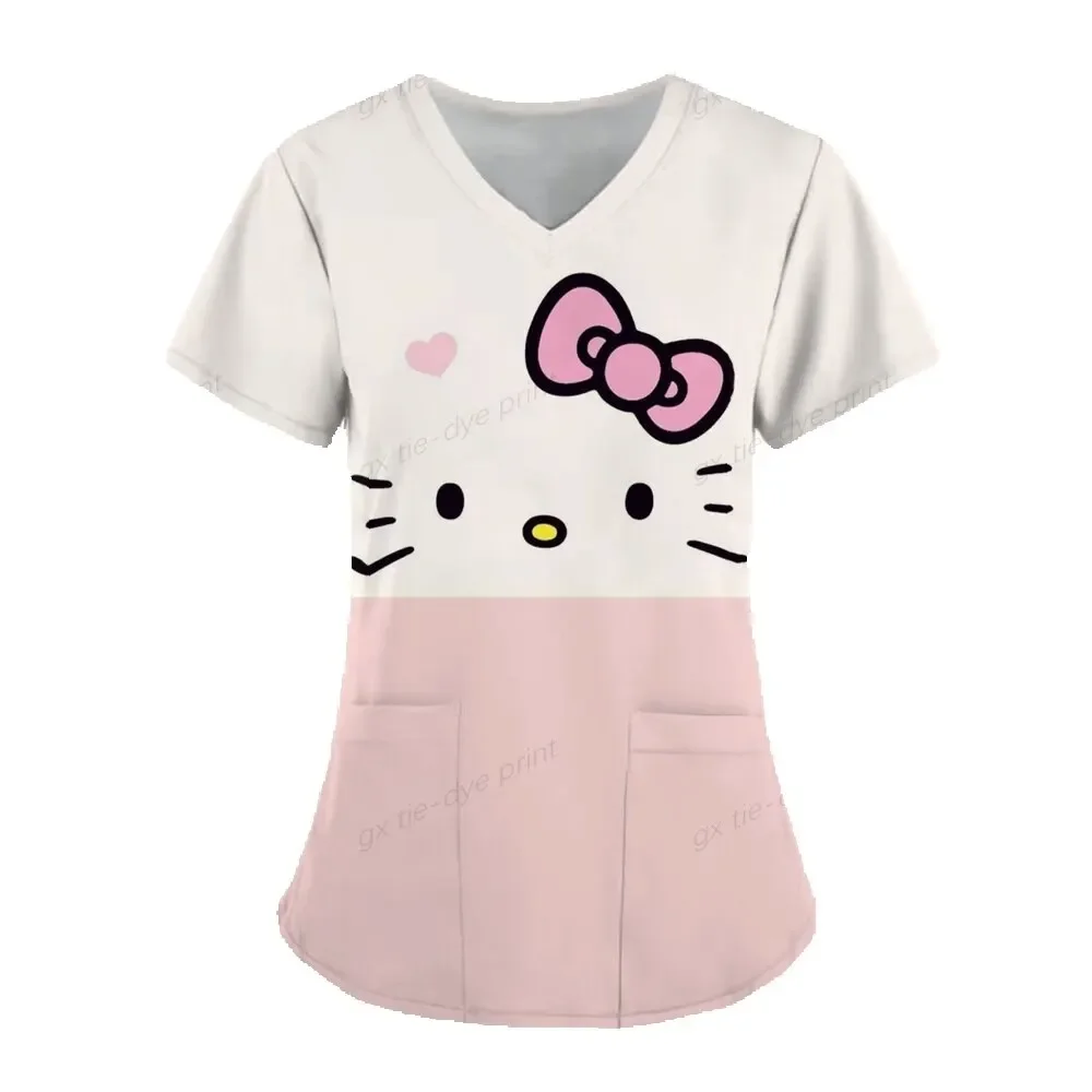 Hello Kitty Print Kawaii Nurse Uniform Scrubs Tops Womens Cartoon  Short Sleeve Pocket Overalls Uniforms Medical Nursing Blouse