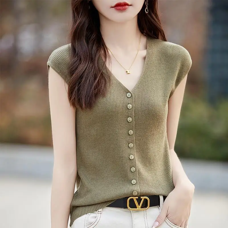 Summer New Women\'s Sweater Knitted Suspenders Sleeveless V-Neck Cardigan Loose Jacket Shoulder Base Shirt Women