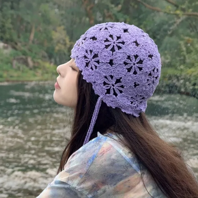 Japanese Hand-crocheted Hollow Knitted Hat Women's Autumn Niche Ethnic Style Breathable Lace-up Short-brimmed Skull Beanie Caps